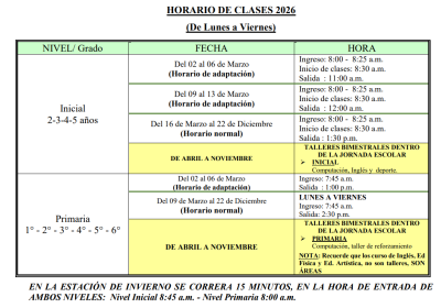 Horario 2026 Inicial y Primaria