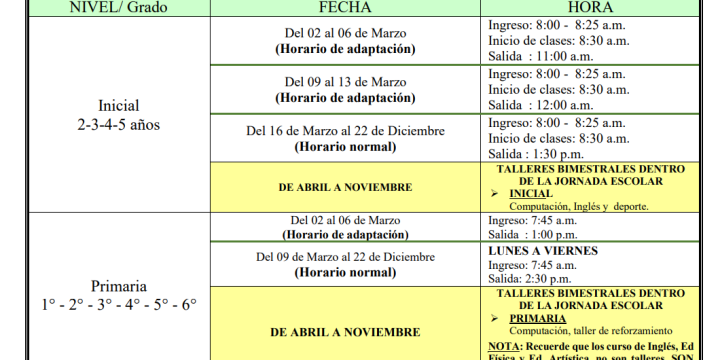 Horario 2026 Inicial y Primaria